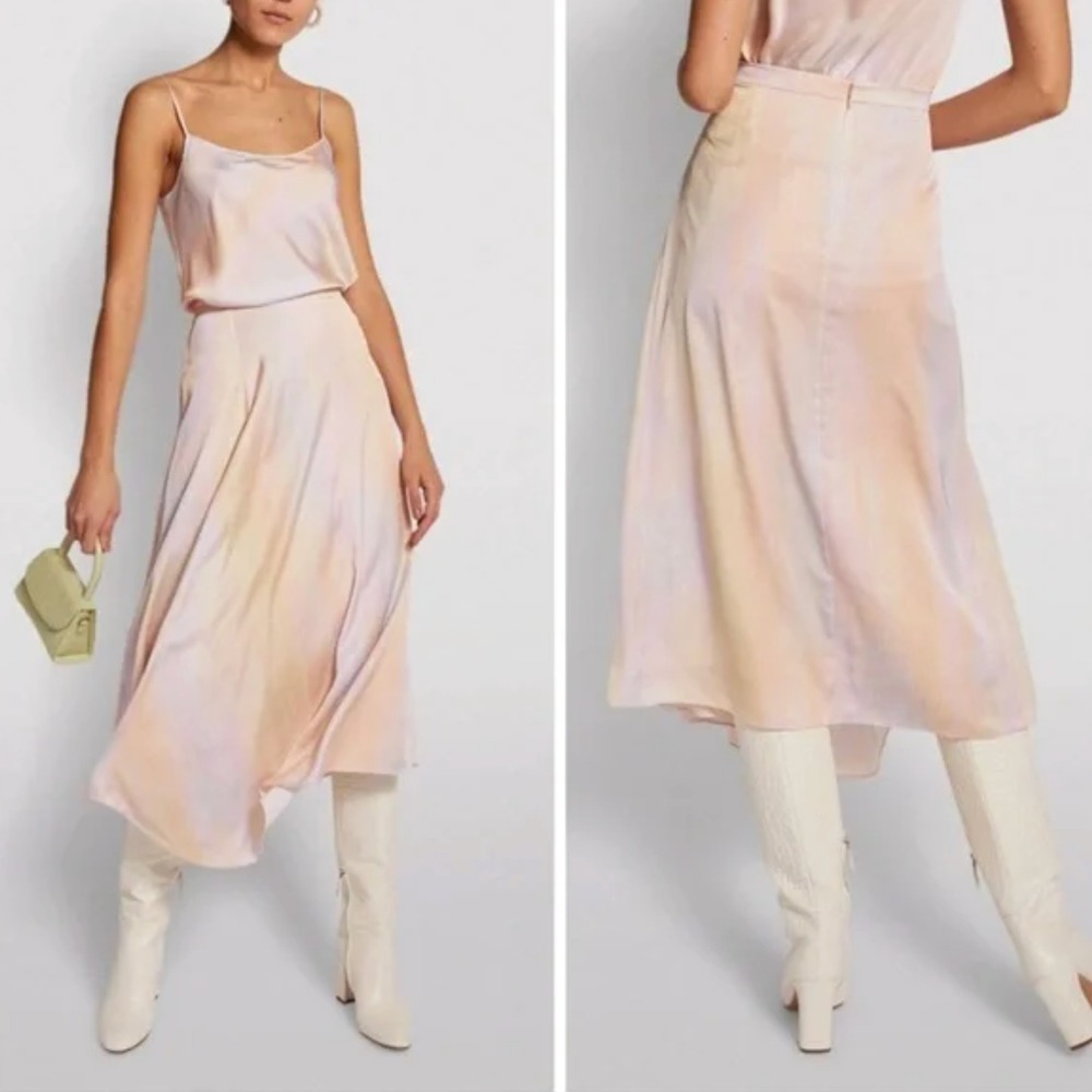 Vince Blush Peach Watercolor Asymmetrical Satin Midi Skirt